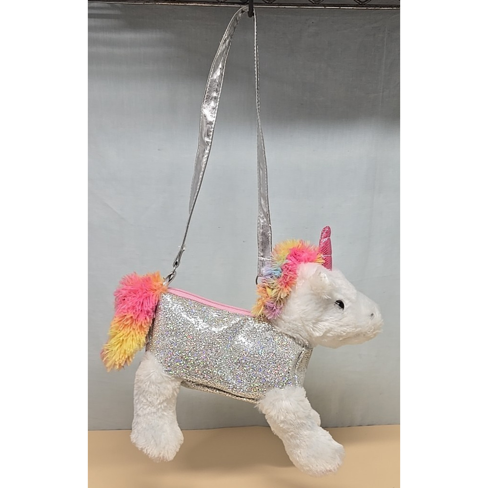 Pink Sparkle UNICORN Purse Shoulder Bag Plush Rainbow Hair Loop Strap ZIp 13"